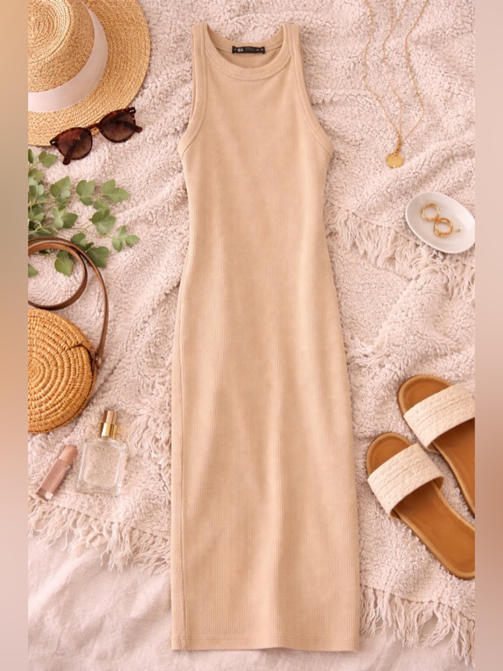 Zara Ribbed Tank Midi Dress Beige Size Small Bodycon Sleeveless Minimalist